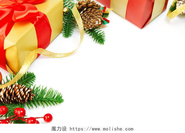白底左侧元素丝带松果礼物盒礼品盒圣诞节圣诞元素